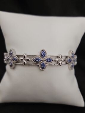 Platinum Tone Blue Crystal Floral Cuff Bracelet